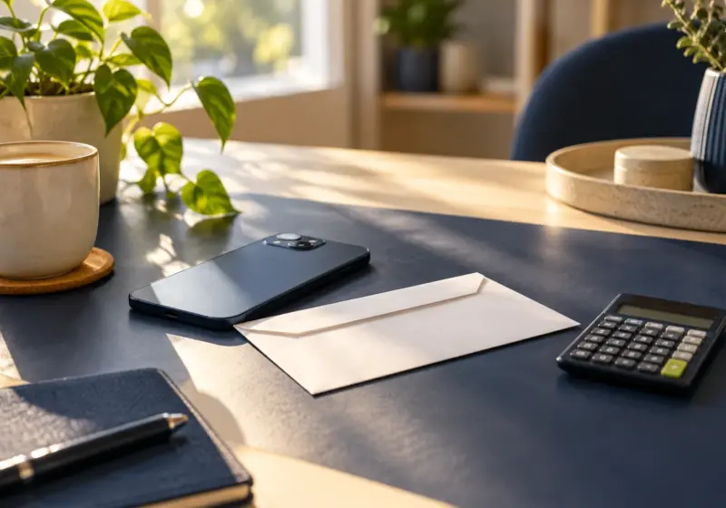 Smartphone, Umschlag und Taschenrechner auf einem Tisch.
