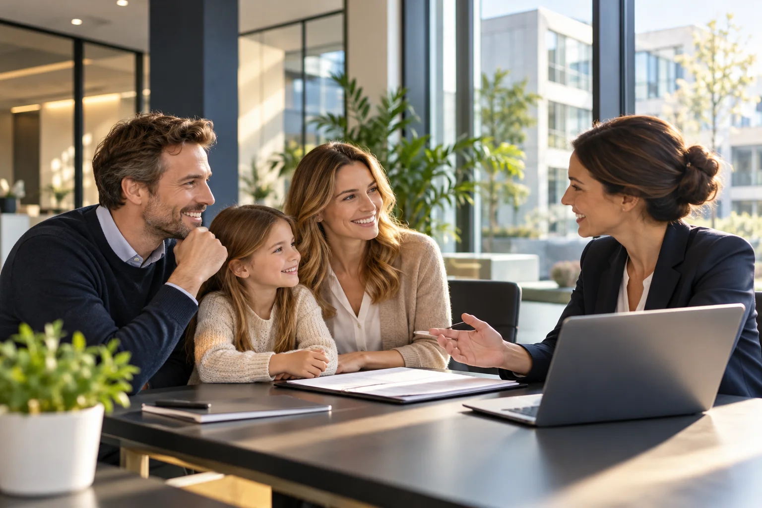 Familie im Gespräch mit einer Beraterin in einem hellen Büro.