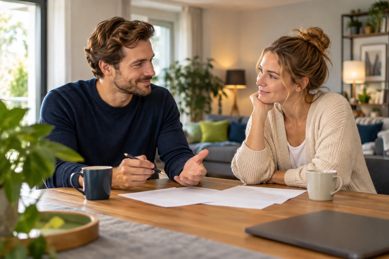 Zwei Personen im Gespräch über Unterlagen zu Hause.