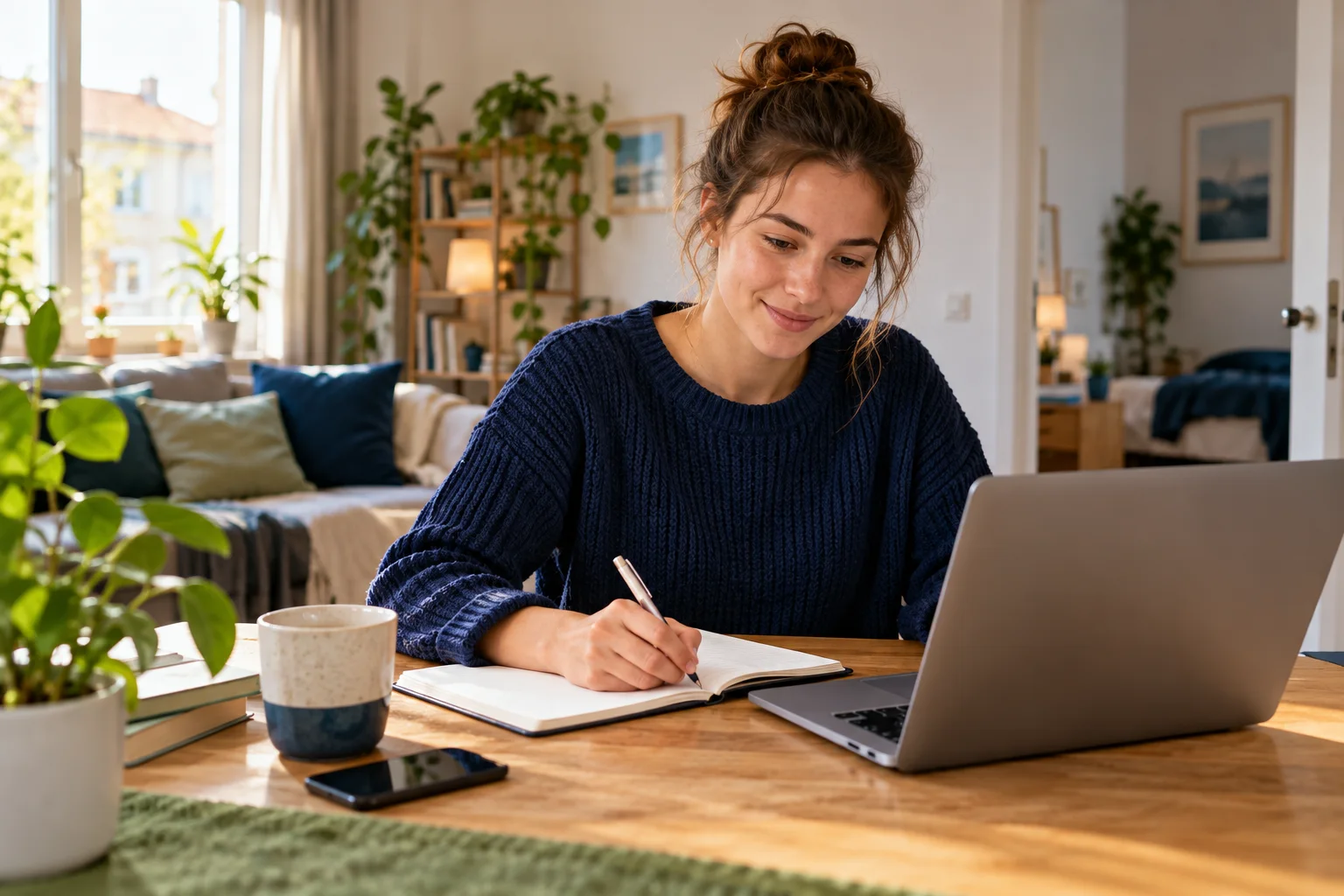 Erwachsene studierende Person mit Laptop und Notizbuch.