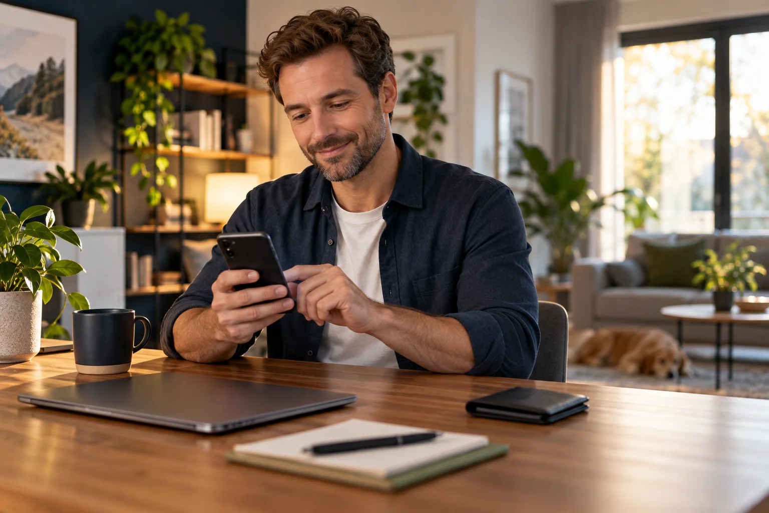 Person mit Smartphone und geschlossenem Kartenetui am Schreibtisch.